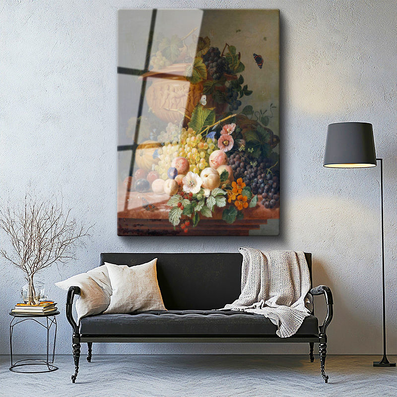 Tamperli Gerçek Cam Tablo J.L.R. Meyve ve Çiçekler Vazoda Böcekli Natürmort Ressam Tablosu Dekoru