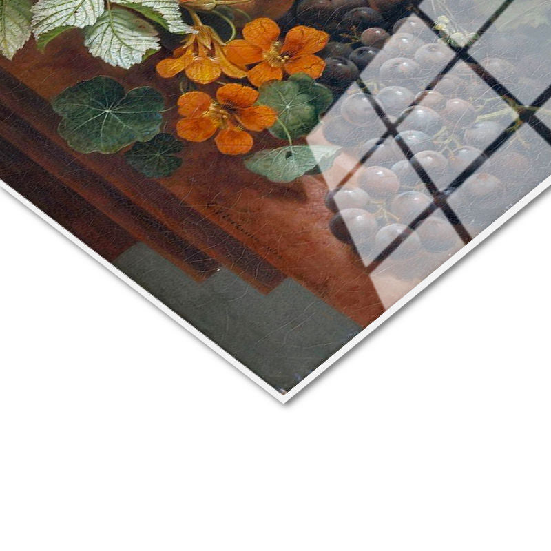 Tamperli Gerçek Cam Tablo J.L.R. Meyve ve Çiçekler Vazoda Böcekli Natürmort Ressam Tablosu Dekoru