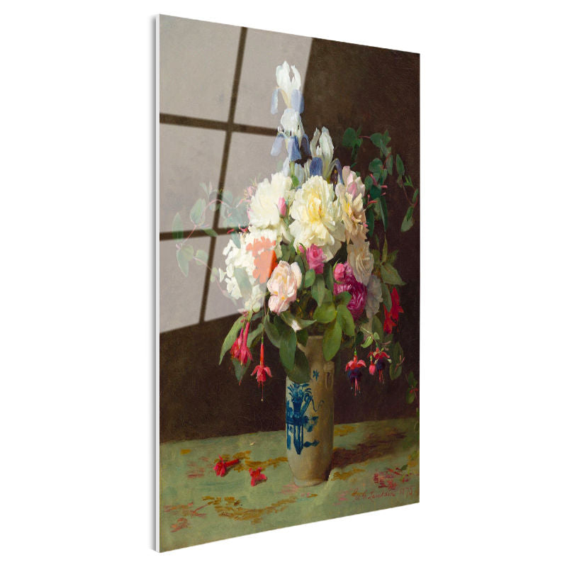 Tamperli Gerçek Cam Tablo M.C.J. Vazoda İris ve Şakayık Çiçekleri Masa Üstü Ressam Tablosu Dekoru