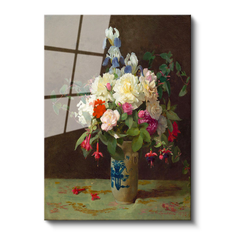 Tamperli Gerçek Cam Tablo M.C.J. Vazoda İris ve Şakayık Çiçekleri Masa Üstü Ressam Tablosu Dekoru