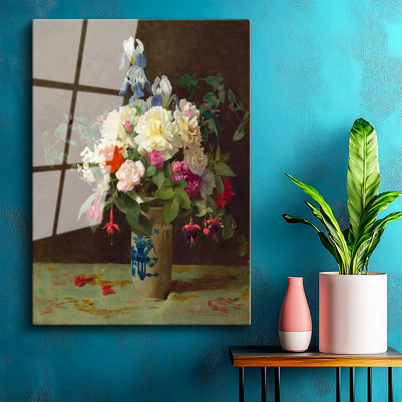 Tamperli Gerçek Cam Tablo M.C.J. Vazoda İris ve Şakayık Çiçekleri Masa Üstü Ressam Tablosu Dekoru