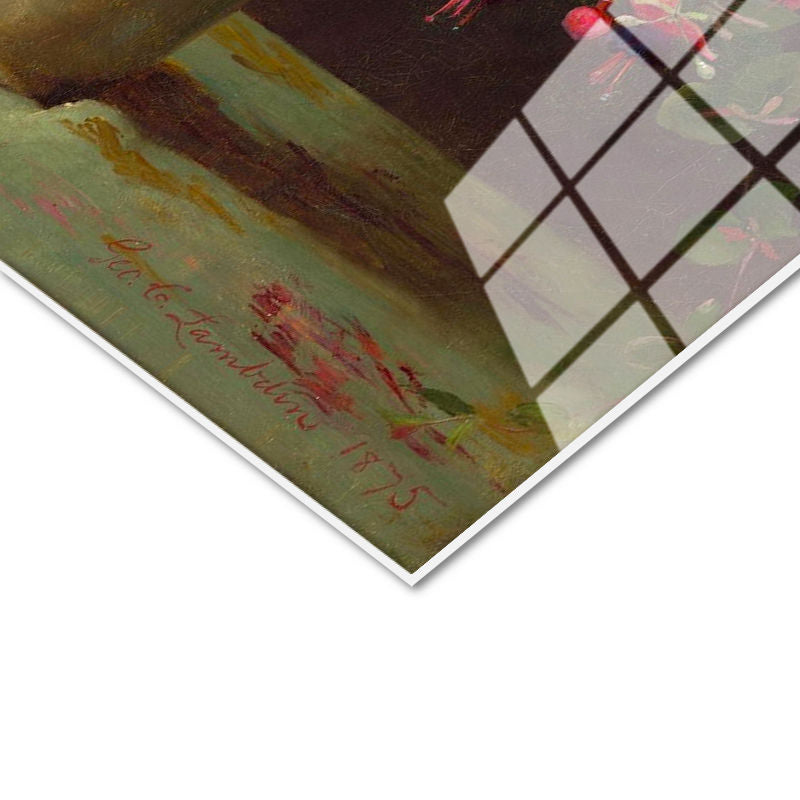 Tamperli Gerçek Cam Tablo M.C.J. Vazoda İris ve Şakayık Çiçekleri Masa Üstü Ressam Tablosu Dekoru