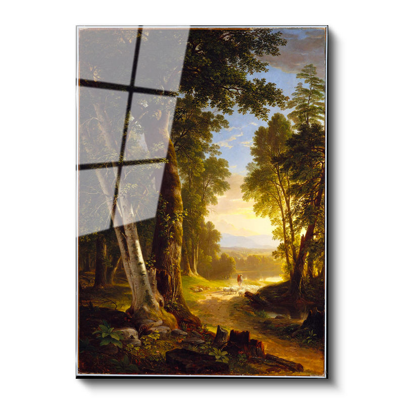 Tamperli Gerçek Cam Tablo Asher Durand Orman İçi Patika Yürüyen Figür Ressam Tablosu Dekoru