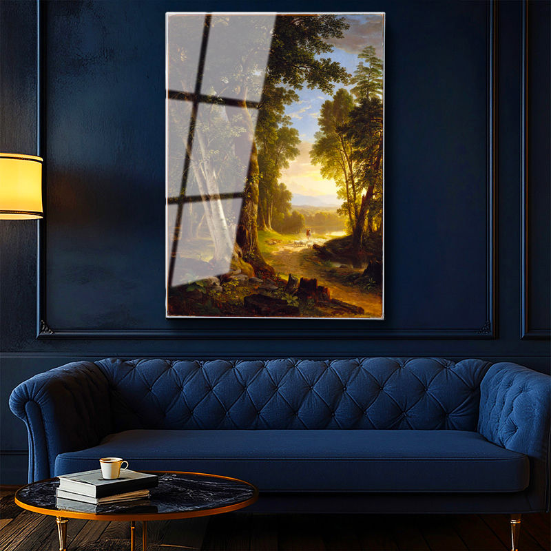 Tamperli Gerçek Cam Tablo Asher Durand Orman İçi Patika Yürüyen Figür Ressam Tablosu Dekoru
