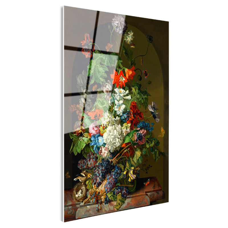 Tamperli Gerçek Cam Tablo Sebastian Wegmayr Nergis ve Kelebekler Kuş Yuvalı Ressam Tablosu Dekoru