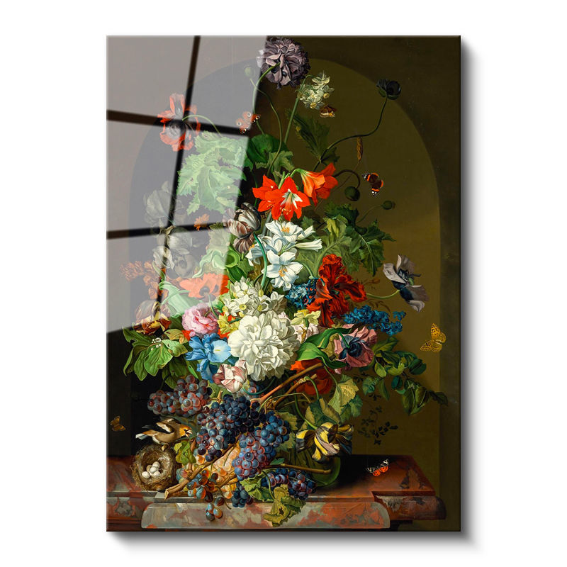 Tamperli Gerçek Cam Tablo Sebastian Wegmayr Nergis ve Kelebekler Kuş Yuvalı Ressam Tablosu Dekoru
