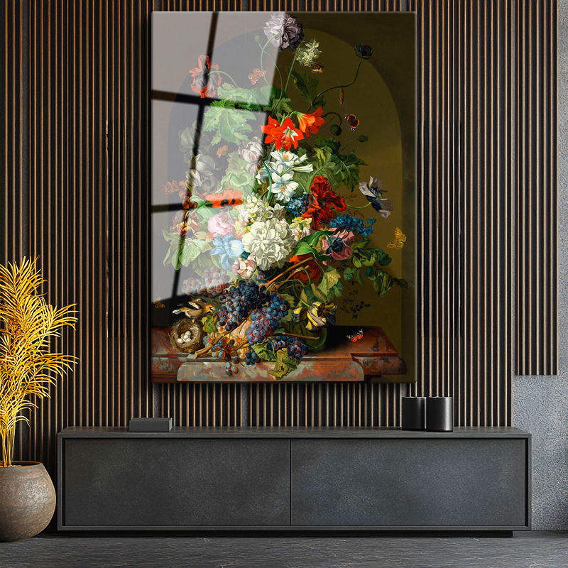 Tamperli Gerçek Cam Tablo Sebastian Wegmayr Nergis ve Kelebekler Kuş Yuvalı Ressam Tablosu Dekoru