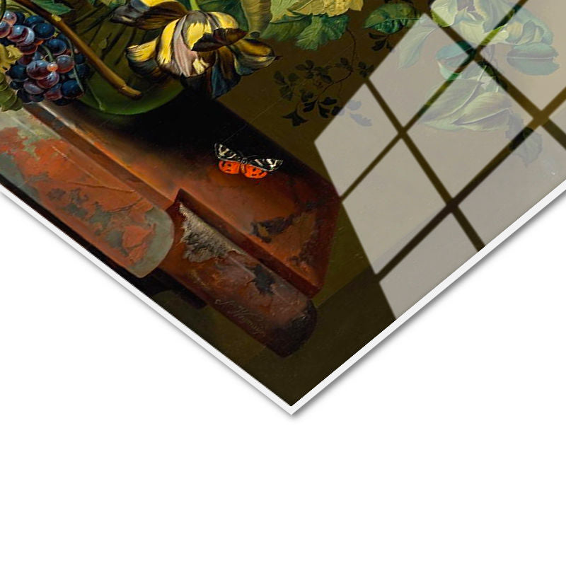 Tamperli Gerçek Cam Tablo Sebastian Wegmayr Nergis ve Kelebekler Kuş Yuvalı Ressam Tablosu Dekoru