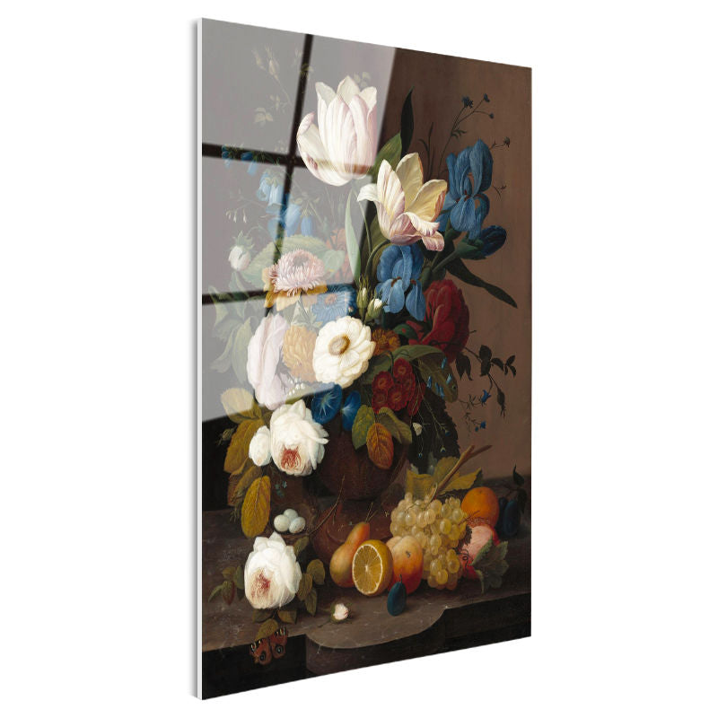 Tamperli Gerçek Cam Tablo Severin Roesen Lale ve Meyve Tabağı Beyaz Gül Ressam Tablosu Duvar Dekoru