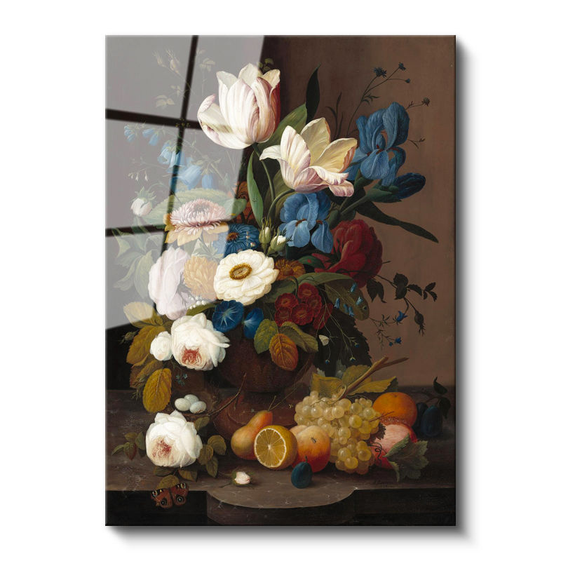 Tamperli Gerçek Cam Tablo Severin Roesen Lale ve Meyve Tabağı Beyaz Gül Ressam Tablosu Duvar Dekoru