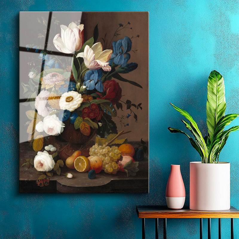 Tamperli Gerçek Cam Tablo Severin Roesen Lale ve Meyve Tabağı Beyaz Gül Ressam Tablosu Duvar Dekoru