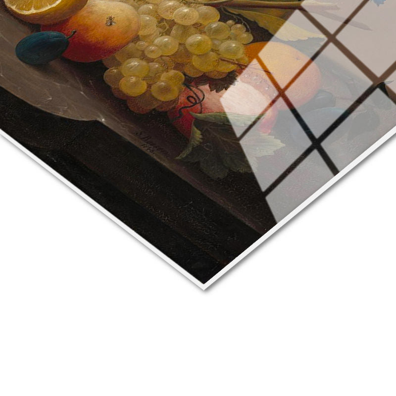 Tamperli Gerçek Cam Tablo Severin Roesen Lale ve Meyve Tabağı Beyaz Gül Ressam Tablosu Duvar Dekoru