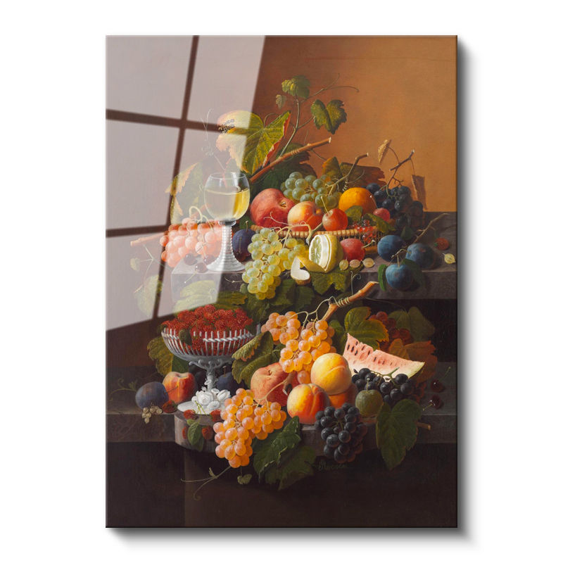 Tamperli Gerçek Cam Tablo Severin Roesen Beyaz Şaraplı Kadeh Çilek Üzüm Ressam Tablosu Dekoru