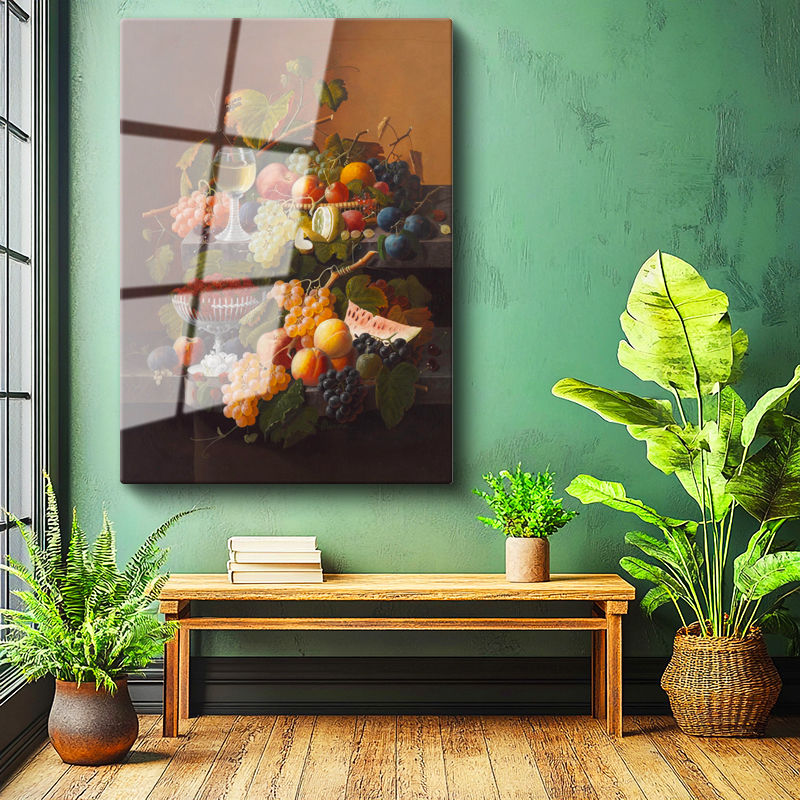 Tamperli Gerçek Cam Tablo Severin Roesen Beyaz Şaraplı Kadeh Çilek Üzüm Ressam Tablosu Dekoru