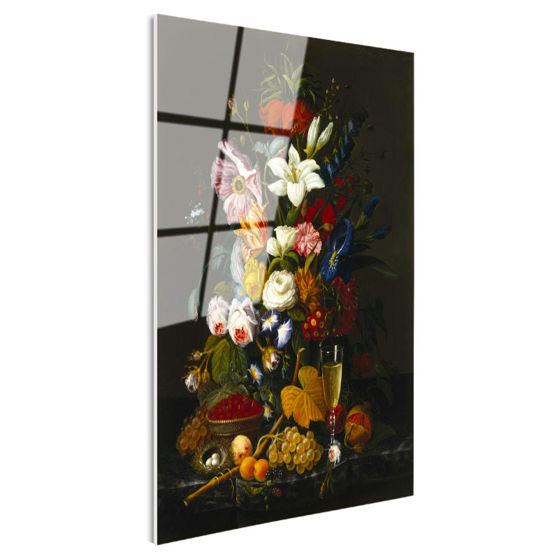 Tamperli Gerçek Cam Tablo Severin Roesen Şampanya Kadehi Kuş Yumurtası Çiçek Ressam Tablosu Dekoru