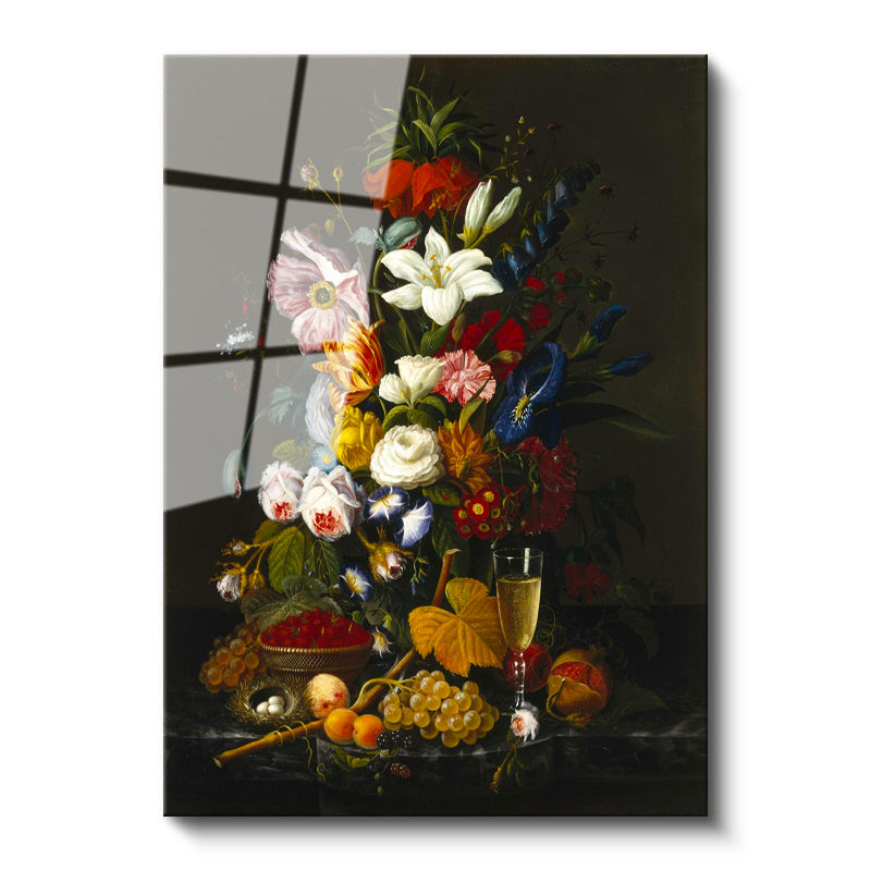 Tamperli Gerçek Cam Tablo Severin Roesen Şampanya Kadehi Kuş Yumurtası Çiçek Ressam Tablosu Dekoru