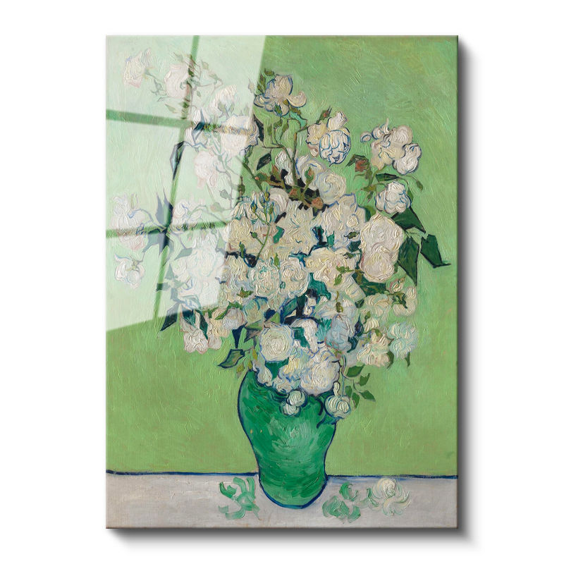 Tamperli Gerçek Cam Tablo Vincent van Gogh Beyaz Güller ve Yeşil Vazo Zemin Ressam Tablosu Dekoru