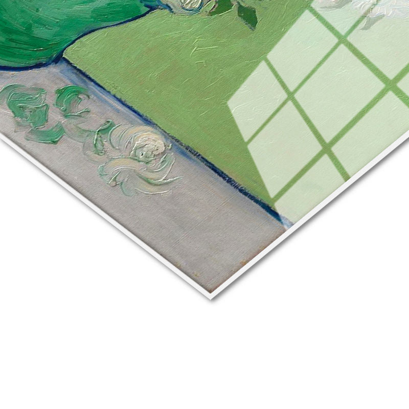 Tamperli Gerçek Cam Tablo Vincent van Gogh Beyaz Güller ve Yeşil Vazo Zemin Ressam Tablosu Dekoru