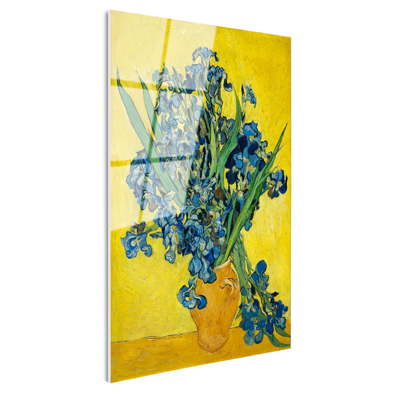 Tamperli Gerçek Cam Tablo Vincent van Gogh Mavi İrisler Sarı Fonlu Vazo Ressam Tablosu Dekoru