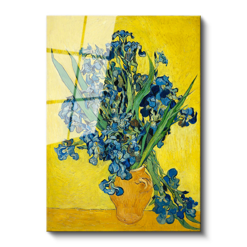 Tamperli Gerçek Cam Tablo Vincent van Gogh Mavi İrisler Sarı Fonlu Vazo Ressam Tablosu Dekoru