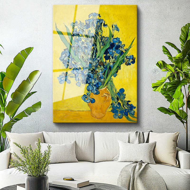 Tamperli Gerçek Cam Tablo Vincent van Gogh Mavi İrisler Sarı Fonlu Vazo Ressam Tablosu Dekoru