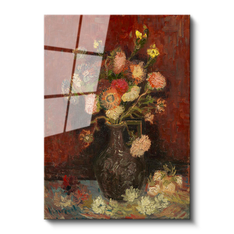 Tamperli Gerçek Cam Tablo Vincent van Gogh Vazoda Pembe Kırmızı Çiçek Ressam Tablosu Duvar Dekoru
