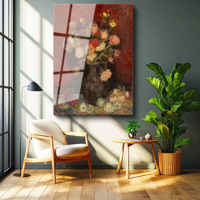Tamperli Gerçek Cam Tablo Vincent van Gogh Vazoda Pembe Kırmızı Çiçek Ressam Tablosu Duvar Dekoru