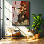 Tamperli Gerçek Cam Tablo Vincent van Gogh Vazoda Pembe Kırmızı Çiçek Ressam Tablosu Duvar Dekoru