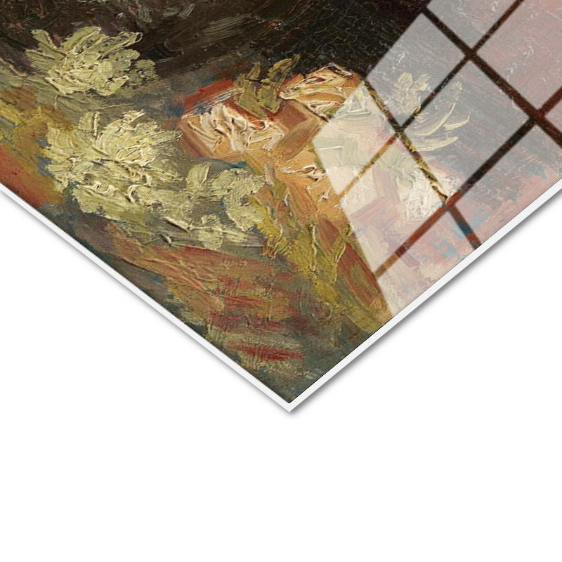 Tamperli Gerçek Cam Tablo Vincent van Gogh Vazoda Pembe Kırmızı Çiçek Ressam Tablosu Duvar Dekoru