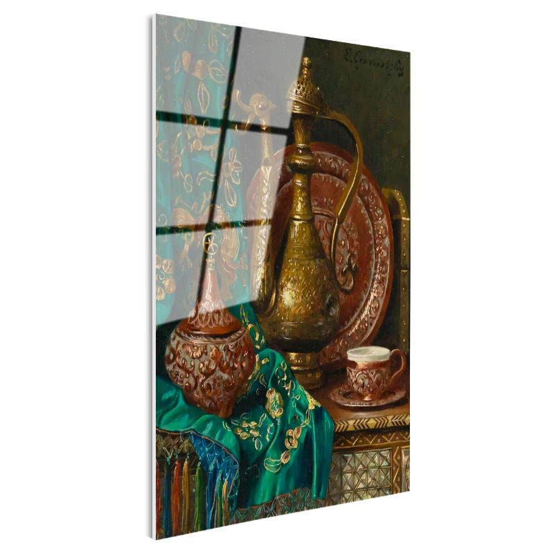 Tamperli Gerçek Cam Tablo Bakır İbrik Ve Kase Oryantalist Ressam Tablosu Duvar Dekoru