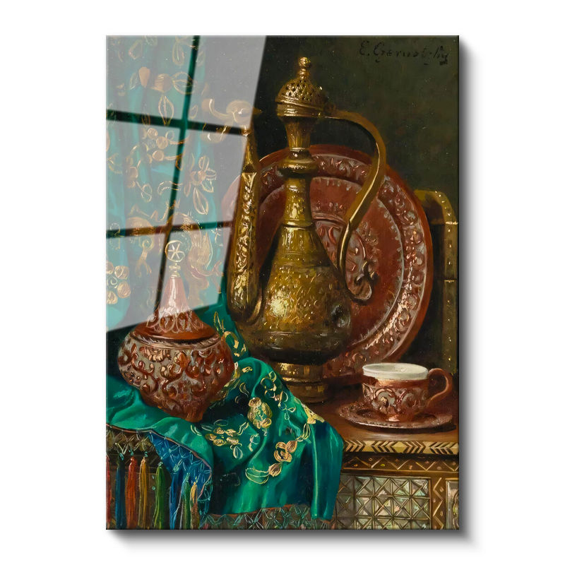 Tamperli Gerçek Cam Tablo Bakır İbrik Ve Kase Oryantalist Ressam Tablosu Duvar Dekoru