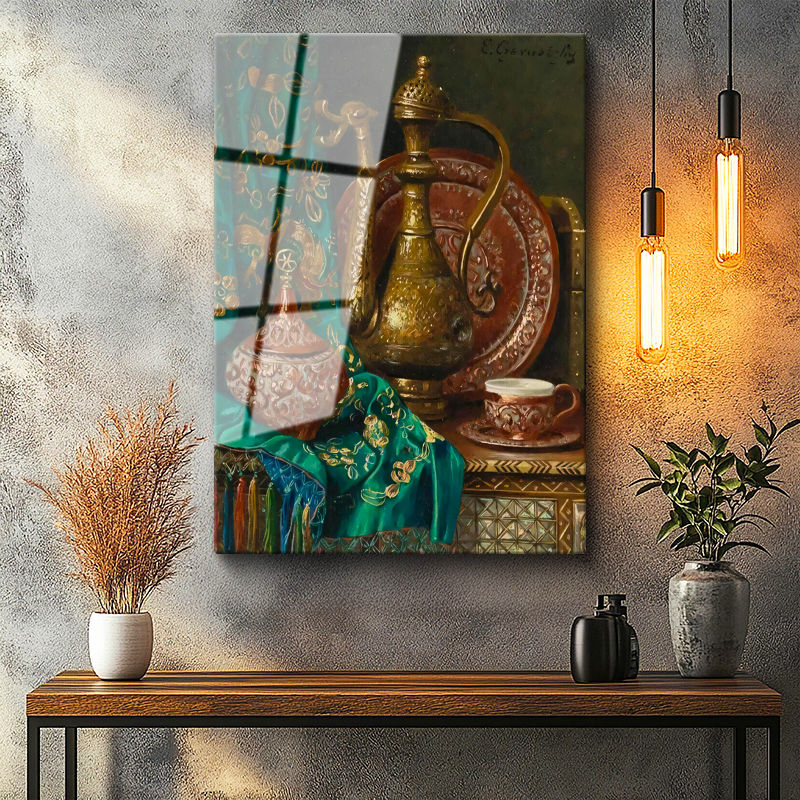 Tamperli Gerçek Cam Tablo Bakır İbrik Ve Kase Oryantalist Ressam Tablosu Duvar Dekoru