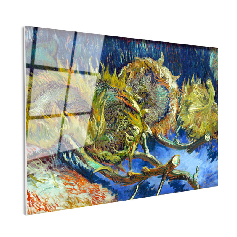 Tamperli Gerçek Cam Tablo Vincent van Gogh Kurumuş Ayçiçekleri Mavi Zemin Ressam Tablosu Dekoru