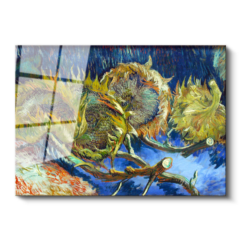 Tamperli Gerçek Cam Tablo Vincent van Gogh Kurumuş Ayçiçekleri Mavi Zemin Ressam Tablosu Dekoru