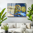 Tamperli Gerçek Cam Tablo Vincent van Gogh Kurumuş Ayçiçekleri Mavi Zemin Ressam Tablosu Dekoru