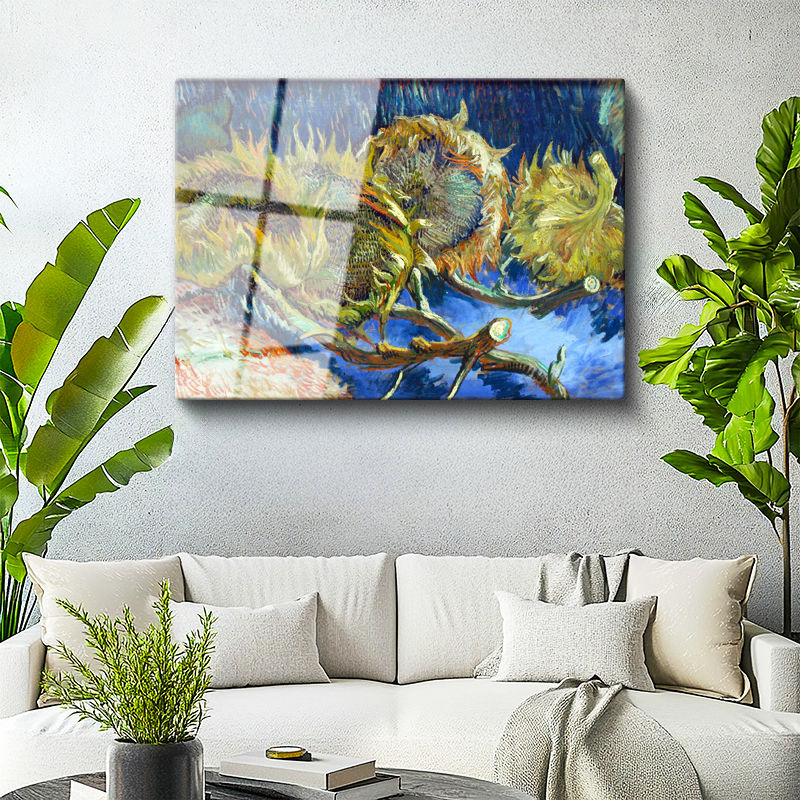 Tamperli Gerçek Cam Tablo Vincent van Gogh Kurumuş Ayçiçekleri Mavi Zemin Ressam Tablosu Dekoru