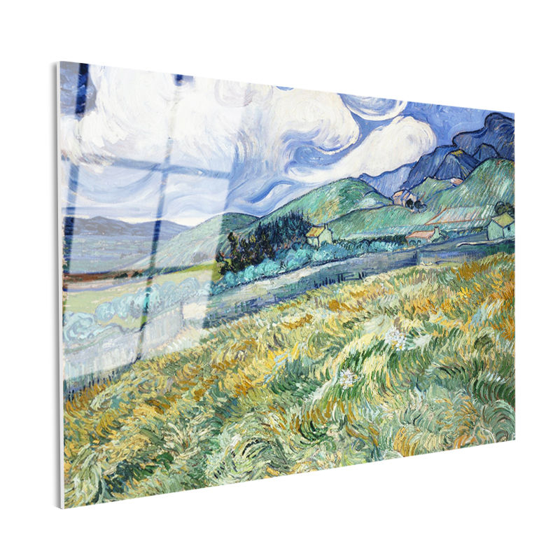 Tamperli Gerçek Cam Tablo Vincent van Gogh Tepe ve Alan Manzarası Ressam Tablosu Duvar Dekoru