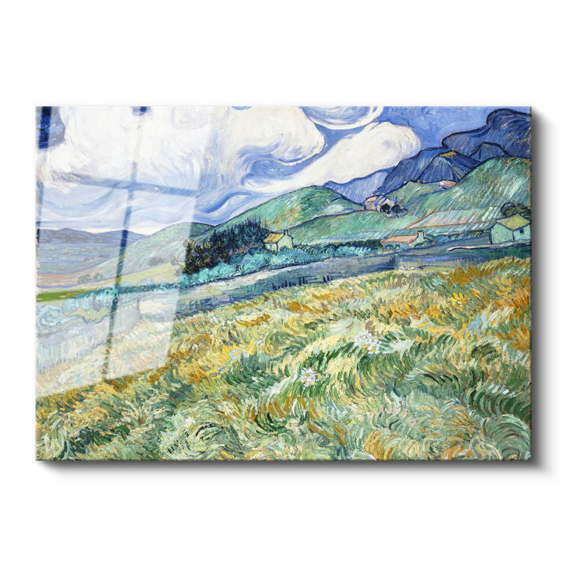 Tamperli Gerçek Cam Tablo Vincent van Gogh Tepe ve Alan Manzarası Ressam Tablosu Duvar Dekoru
