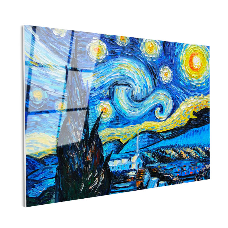 Tamperli Gerçek Cam Tablo Vincent van Gogh Yıldızlı Gece Manzarası Ressam Tablosu Duvar Dekoru