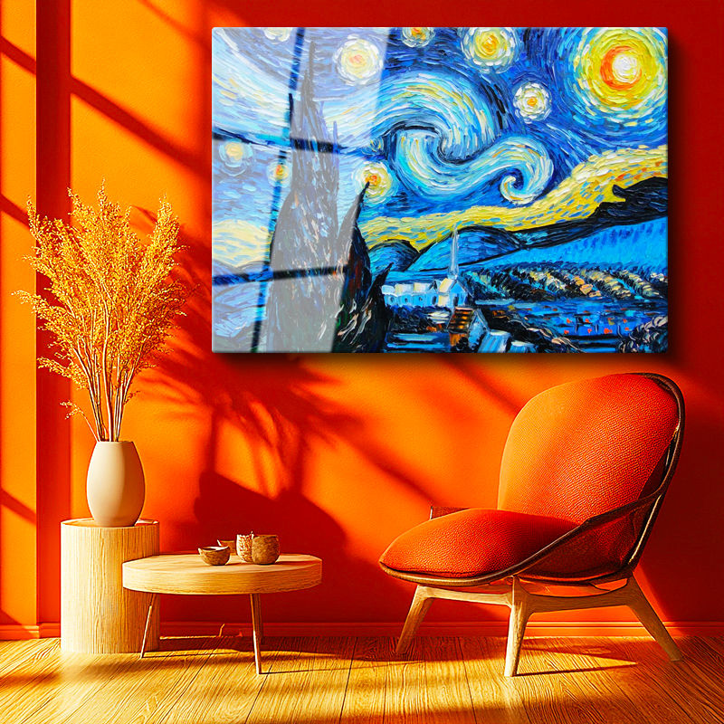 Tamperli Gerçek Cam Tablo Vincent van Gogh Yıldızlı Gece Manzarası Ressam Tablosu Duvar Dekoru
