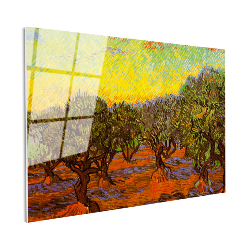 Tamperli Gerçek Cam Tablo Vincent van Gogh Zeytin Ağaçları Tarlası Ressam Tablosu Dekoru