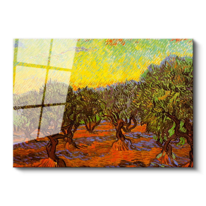 Tamperli Gerçek Cam Tablo Vincent van Gogh Zeytin Ağaçları Tarlası Ressam Tablosu Dekoru