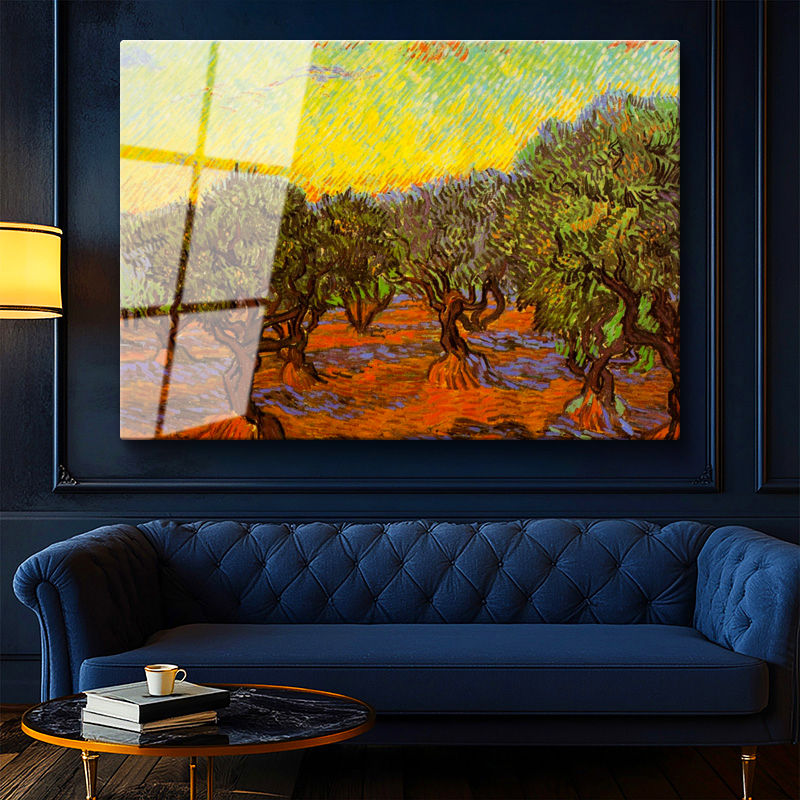 Tamperli Gerçek Cam Tablo Vincent van Gogh Zeytin Ağaçları Tarlası Ressam Tablosu Dekoru
