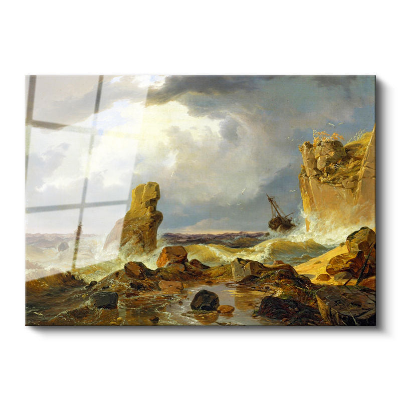 Tamperli Gerçek Cam Tablo C.D. Friedrich Batık Gemi Fırtınalı Deniz Kayalık Ressam Tablosu Dekoru