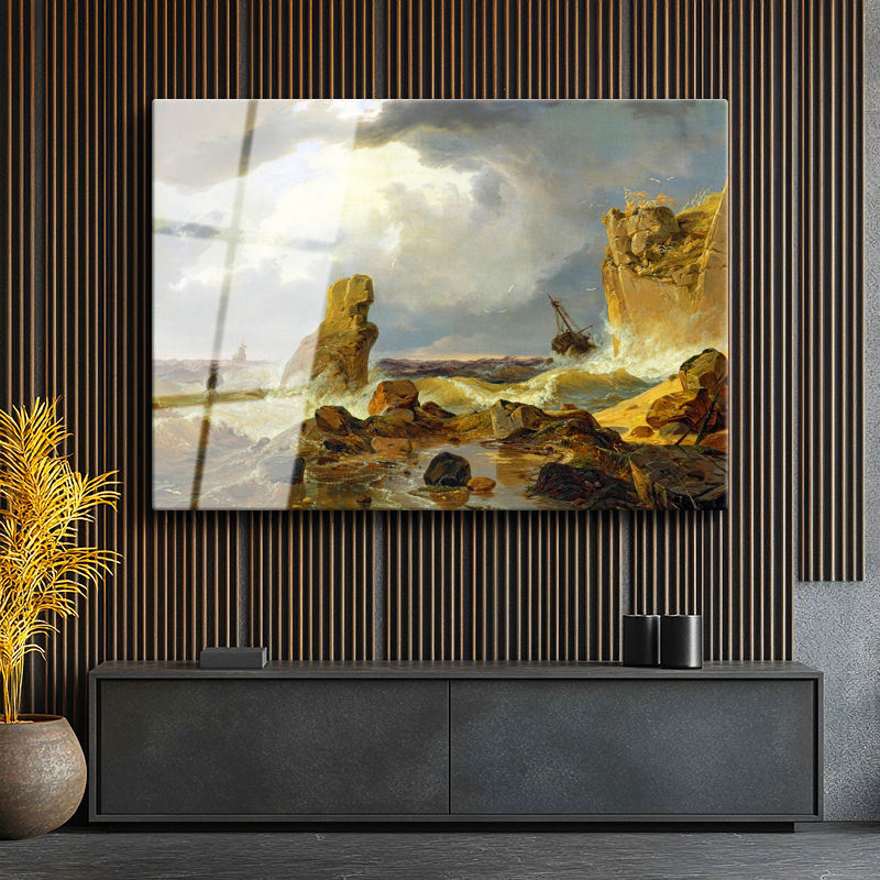 Tamperli Gerçek Cam Tablo C.D. Friedrich Batık Gemi Fırtınalı Deniz Kayalık Ressam Tablosu Dekoru