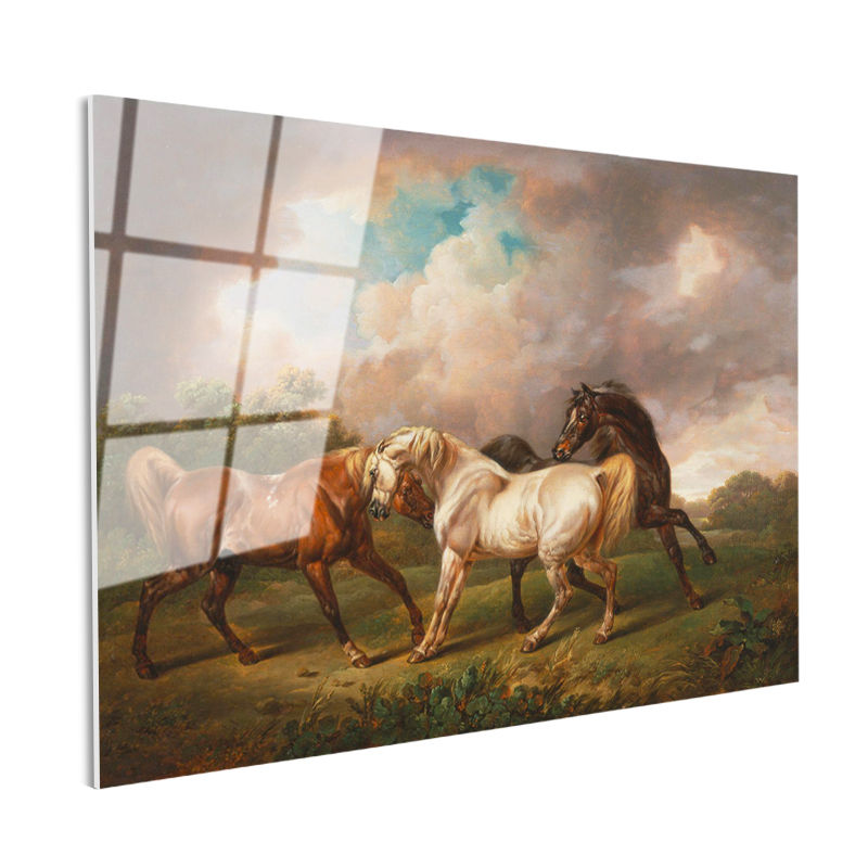Tamperli Gerçek Cam Tablo George Stubbs Atlar Fırtınalı Bulut Manzarası Ressam Tablosu Duvar Dekoru