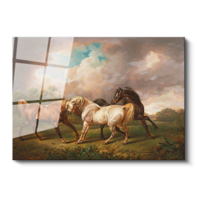 Tamperli Gerçek Cam Tablo George Stubbs Atlar Fırtınalı Bulut Manzarası Ressam Tablosu Duvar Dekoru