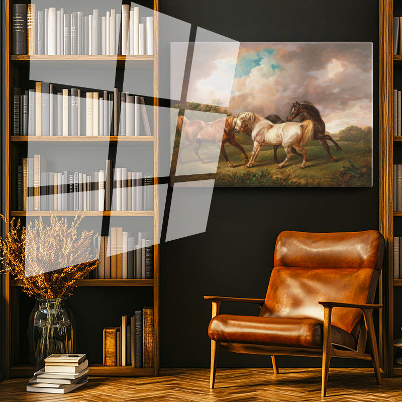 Tamperli Gerçek Cam Tablo George Stubbs Atlar Fırtınalı Bulut Manzarası Ressam Tablosu Duvar Dekoru