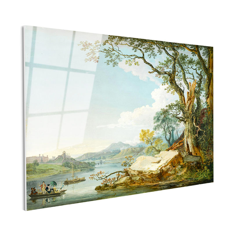 Tamperli Gerçek Cam Tablo Paul Sandby Windsor Kalesi Nehir Kenarı Piknik Ressam Tablosu Duvar Dekoru