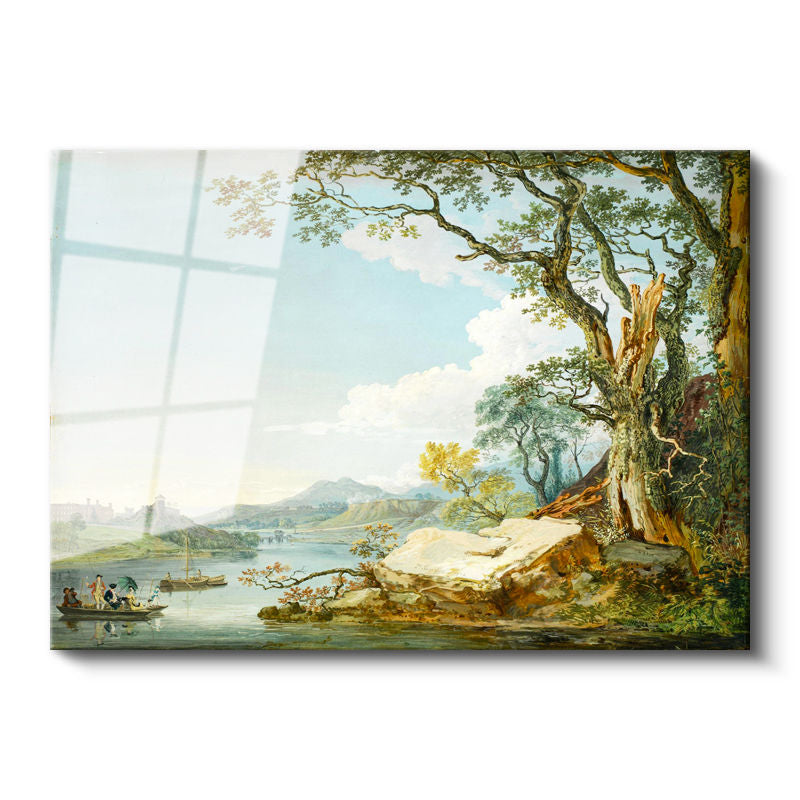 Tamperli Gerçek Cam Tablo Paul Sandby Windsor Kalesi Nehir Kenarı Piknik Ressam Tablosu Duvar Dekoru